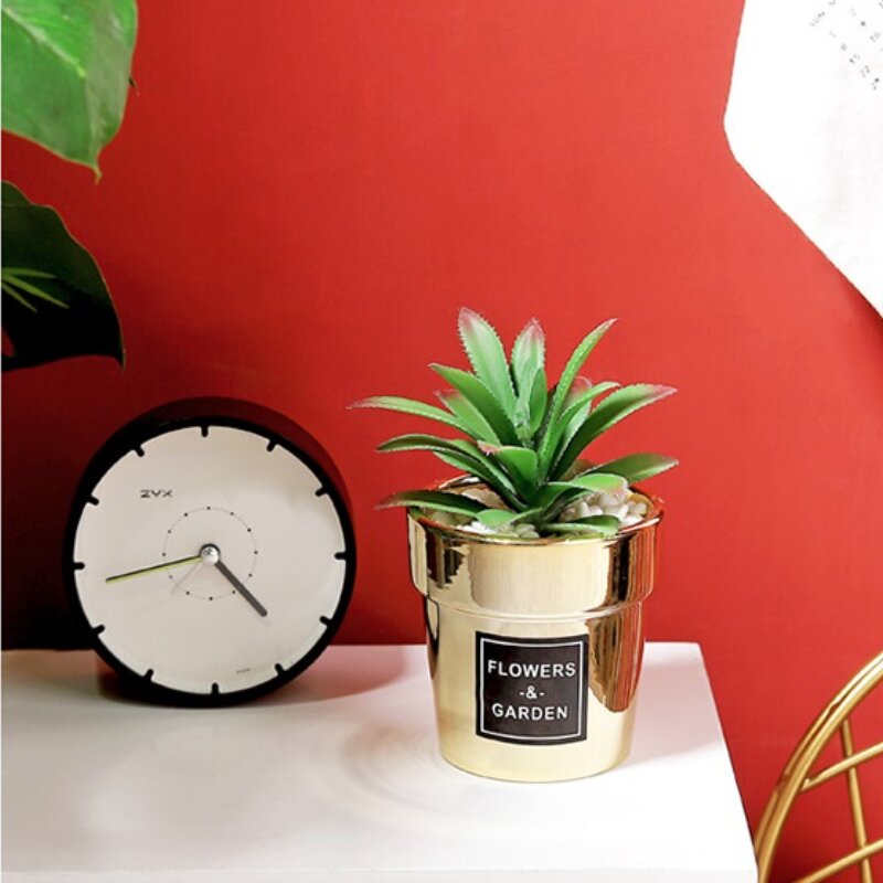 Small Nordic Gold-Plated Ceramic Home Decor Artificial Potted Cactus - Agave (20167)