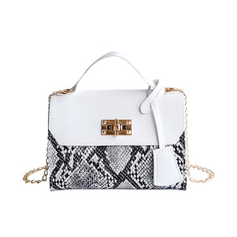 Snake Print Hit Color Lock Chain Platinum Small Square Bag (301066)