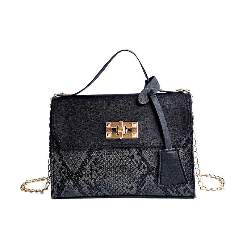Snake Print Hit Color Lock Chain Platinum Small Square Bag (301068)
