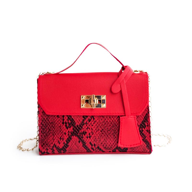 Snake Print Hit Color Lock Chain Platinum Small Square Bag (301067)