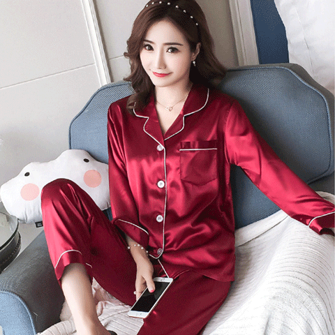 Spring Summer Imitation Women Long Sleeve Silk Home Wear Set