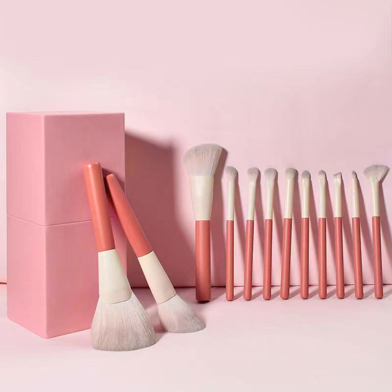 Super Soft 12pcs Makeup Brush Set With Organza Pouch - Pink & Cream