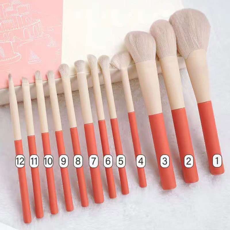 Super Soft 12pcs Makeup Brush Set With Organza Pouch - Pink & Cream