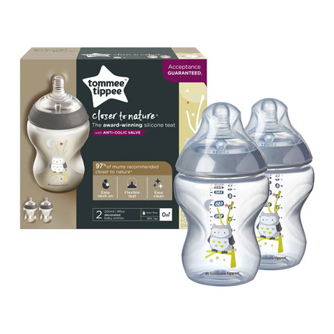 Tommee Tippee Closer To Nature 2 Decorated Owl Bottles 260ml - 2 Pack (5214)