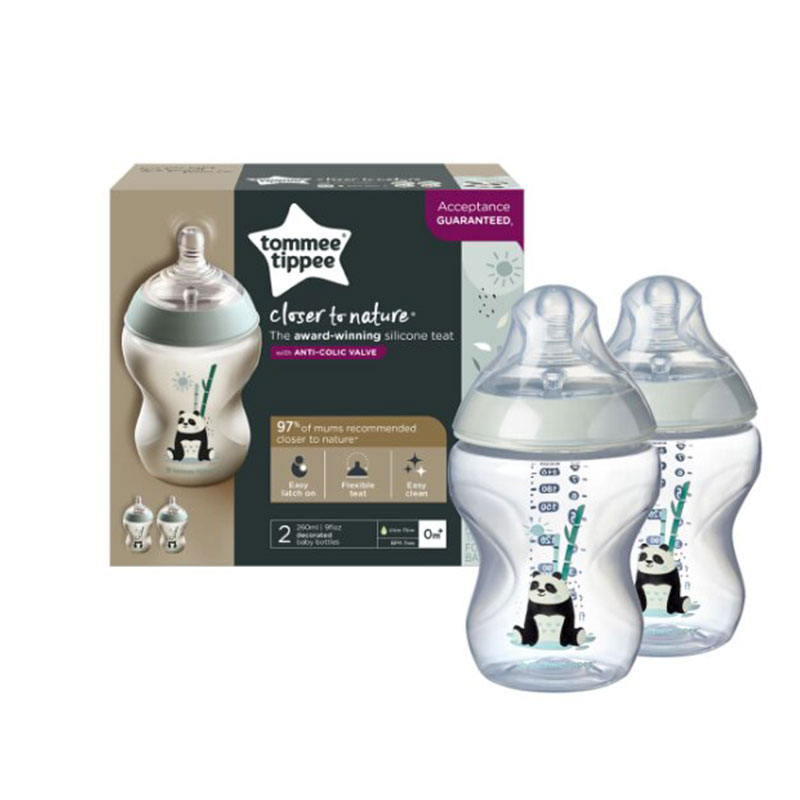 Tommee Tippee Closer To Nature 2 Decorated Panda Bottles 260ml - 2 Pack (5214)