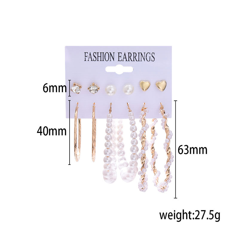 Trendy Retro Exaggerated Geometric Pearl Earrings Set - 6 Pairs (53)