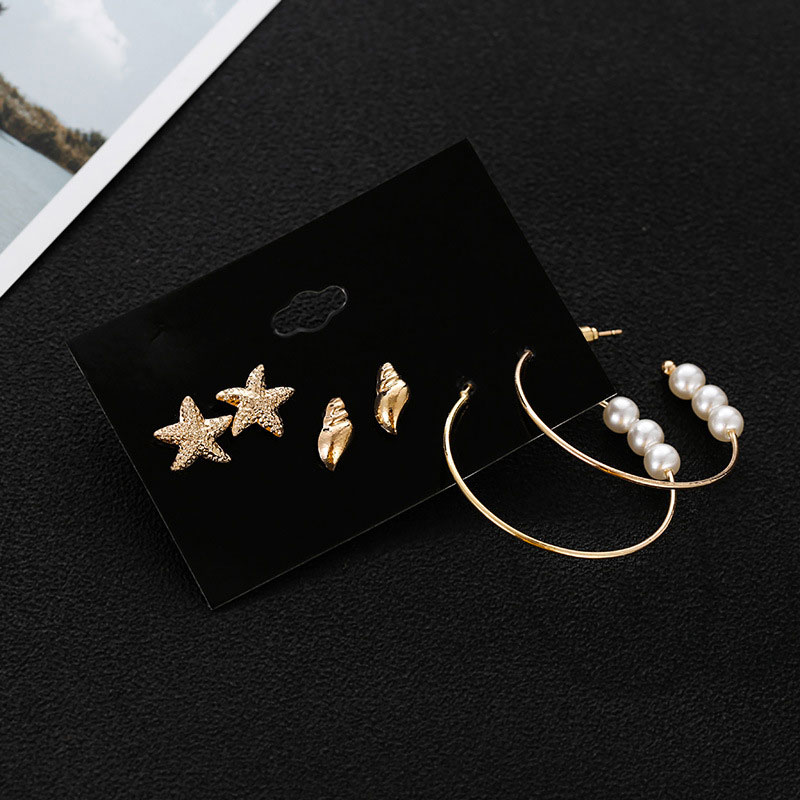 Trendy Starfish Pearl Hoop Earrings Set - 3 Pairs (59)