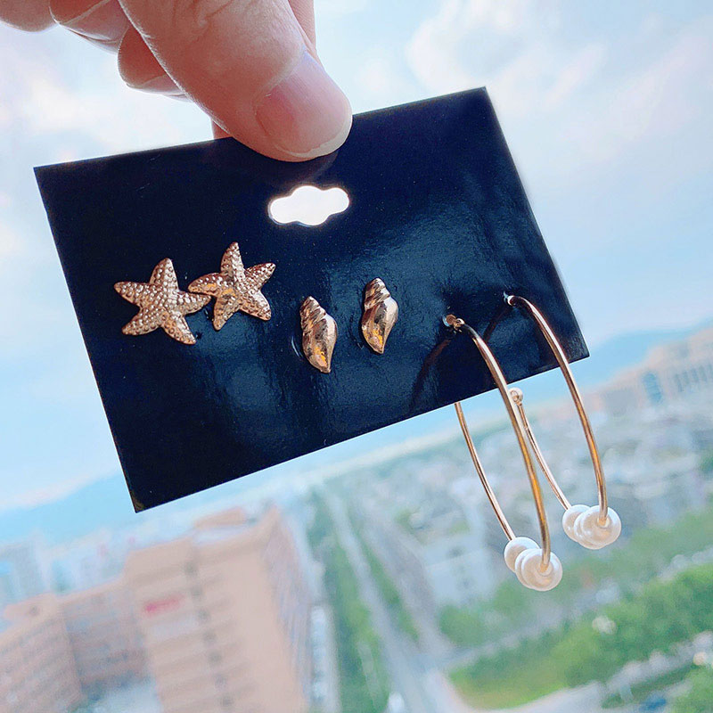 Trendy Starfish Pearl Hoop Earrings Set - 3 Pairs (59)