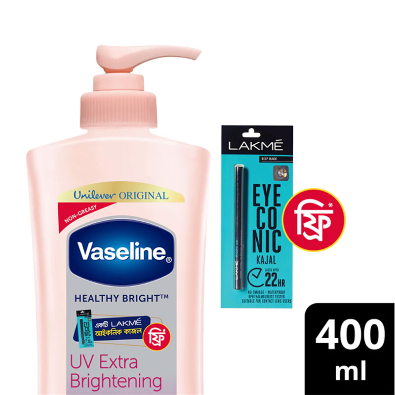 Vaseline Healthy Bright UV Extra Brightening Lotion 400ml (Free Lakme Eye Conic Kajal - Deep Black))