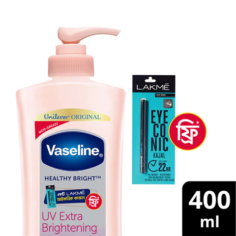 Vaseline Healthy Bright UV Extra Brightening Lotion 400ml (Free Lakme Eye Conic Kajal - Deep Black))