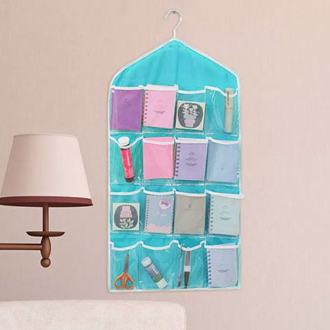 Wall Hanging Storage Bag With 16 Grid - Blue