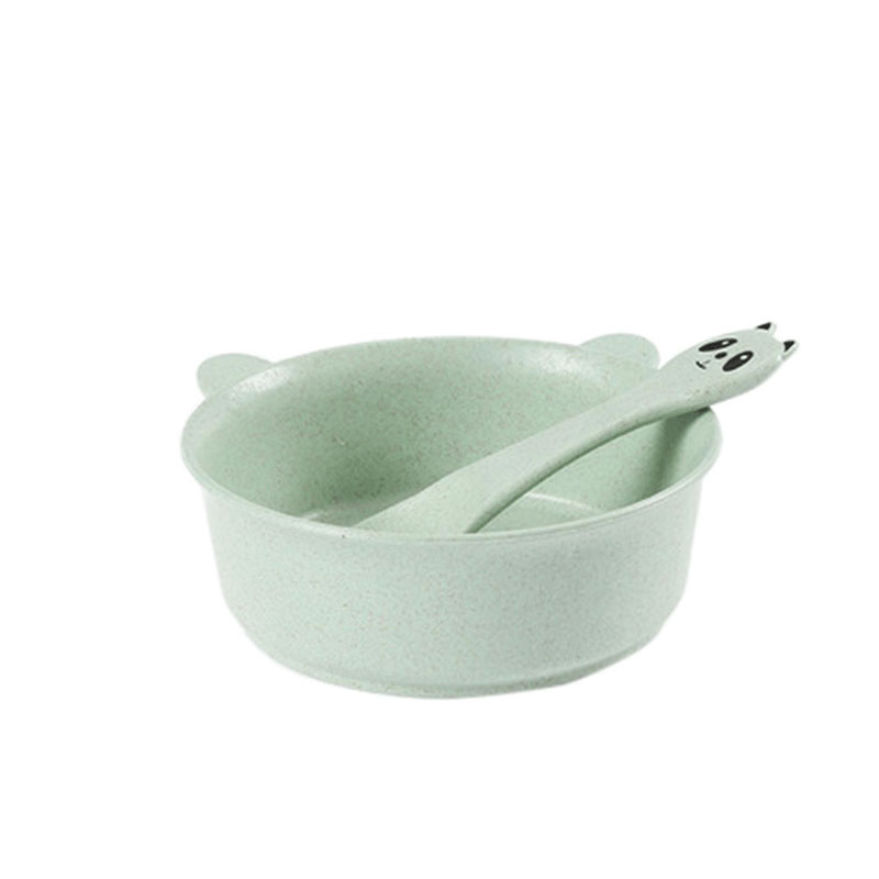 Wheat Straw Cartoon Bear Bowl Spoon Set - Green