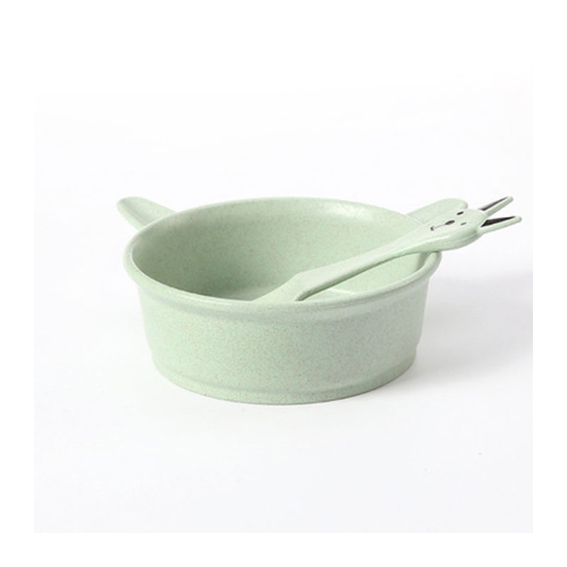 Wheat Straw Cartoon Cat Bowl Spoon Set - Green