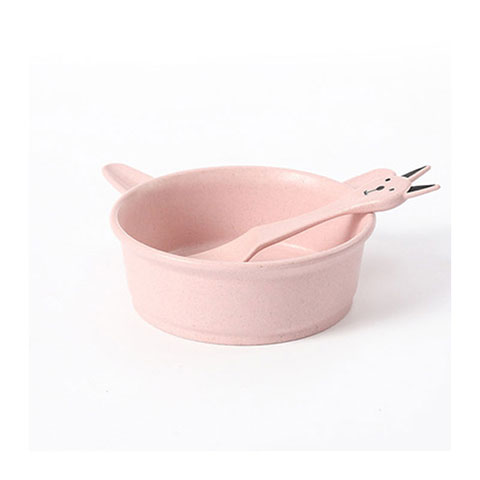 Wheat Straw Cartoon Cat Bowl Spoon Set - Pink