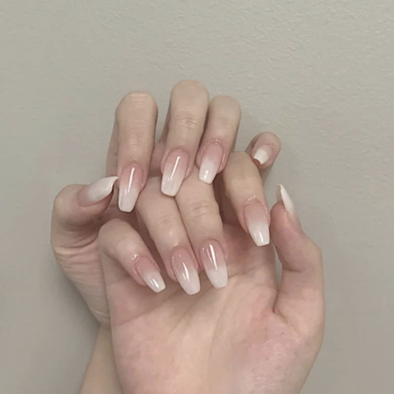 White Gradient Stickers Finished Fake Nails 24pcs - White & Baby Pink